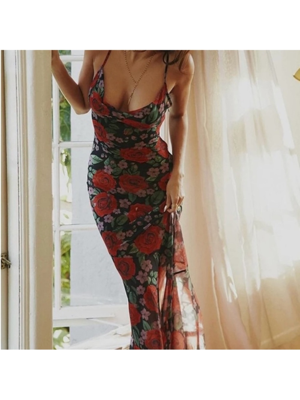 Commense Black Slip Midi Dress with Red Rose Print - Picture 3 of 3